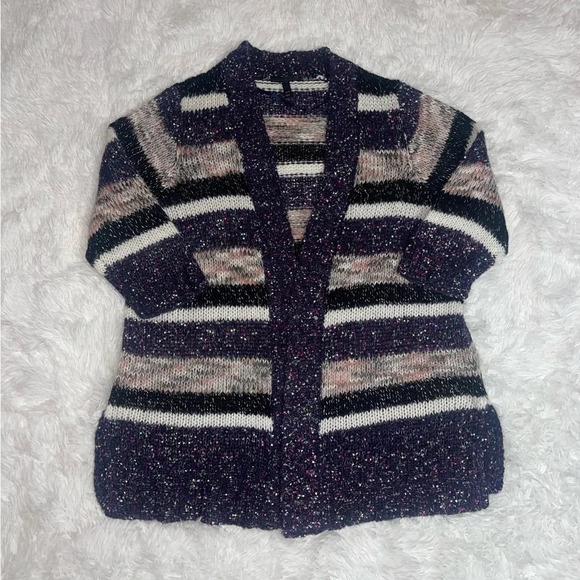 Lane Bryant Fuzzy Purple Confetti Striped Open Front 3/4 Sleeves Duster Cardigan - Picture 3 of 12